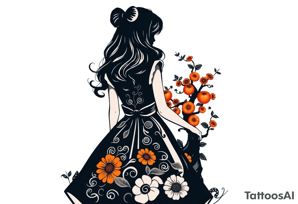 Alice in wonderland silhouette. Perspective from the back. She is entering a garden and seeing an orange tree. tattoo idea