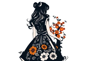 Alice in wonderland silhouette. Perspective from the back. She is entering a garden and seeing an orange tree. tattoo idea