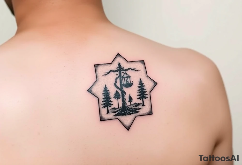 inspiration: my childhood home had an arrangement of tiles in the formation of golden ratio. use this to create a tattoo for me with NO COLOURS using the idea of tiles and golden ratio. placement on upper outer arm or top of bicep so not too big. give me a range of ideas (including some without using tiles, and just the golden ratio). I want to symbolise how nature is made from golden ratio. also give ideas including trees as my garden had this arrangement surrounded by trees tattoo idea