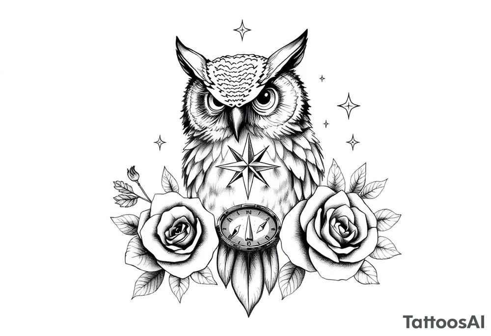 an owl,compass,roses,stars. tattoo idea