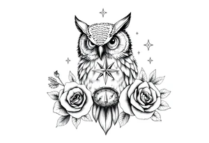 an owl,compass,roses,stars. tattoo idea