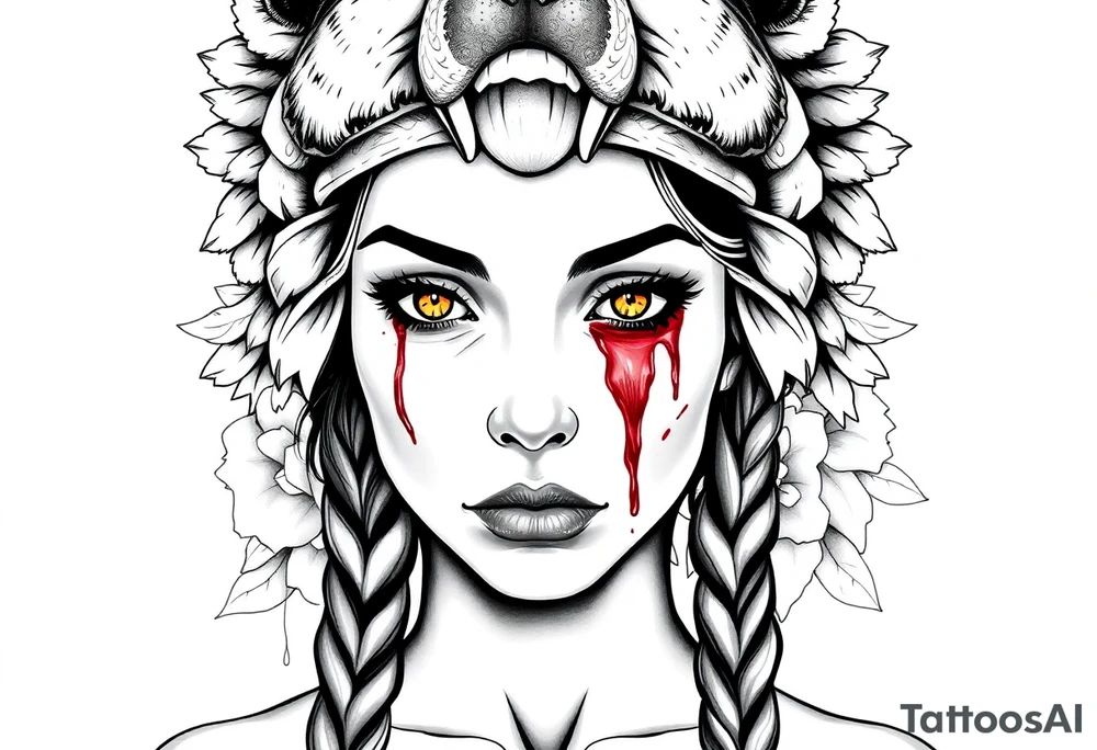 Young Symmetrical Beautiful Woman, looking forward, with colored eyes, shedding a tear, with battle scars and blood on face, with soft look, wearing a mean looking bear headdress on head, with flower background tattoo idea