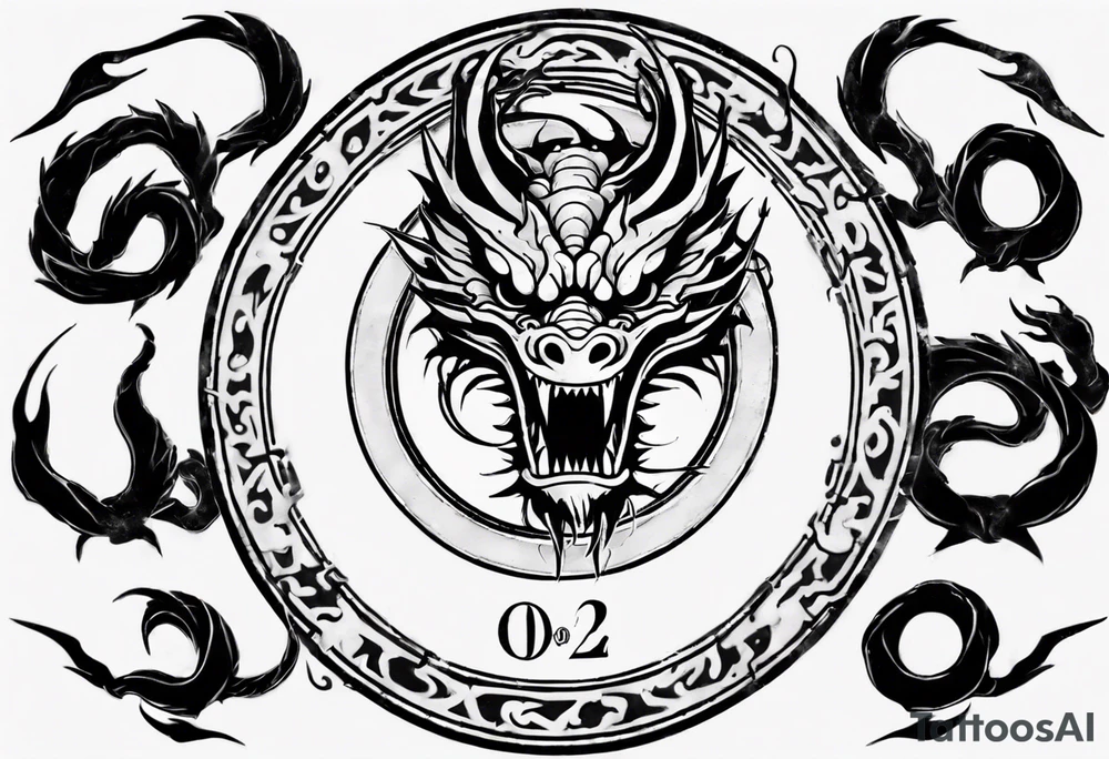 Chinese dragon in a circular shape with "02.03" written on its skin tattoo idea