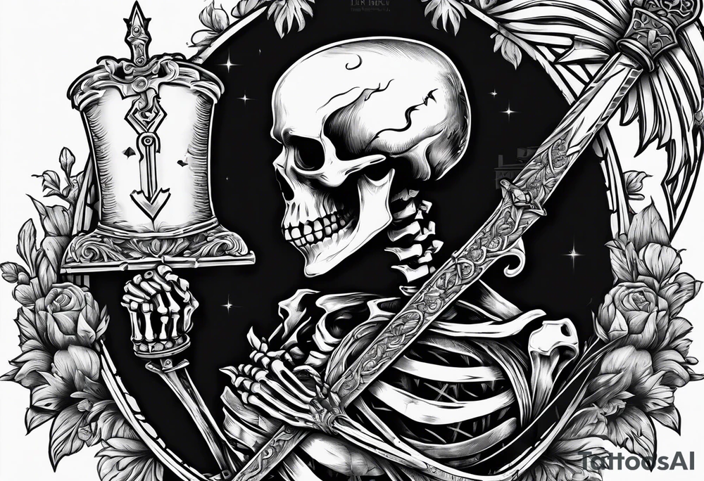 depressed skeleton holding his heart in his hand with a dagger through it tattoo idea