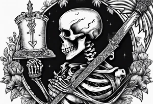 depressed skeleton holding his heart in his hand with a dagger through it tattoo idea