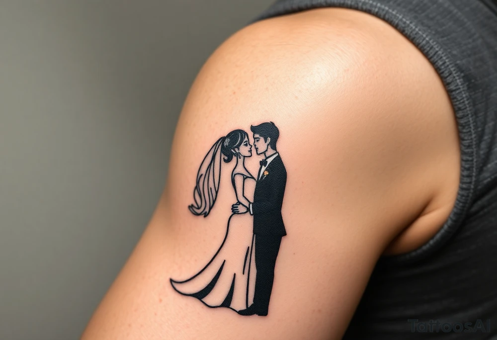 A black and white silhouette of a bride and groom in a romantic embrace, with soft golden highlights for warmth and elegance tattoo idea