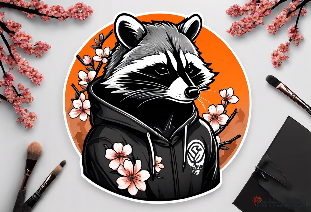 Raccoon wearing a white Superman logo on a black hoodie and orange Japanese cherry blossoms beside tattoo idea
