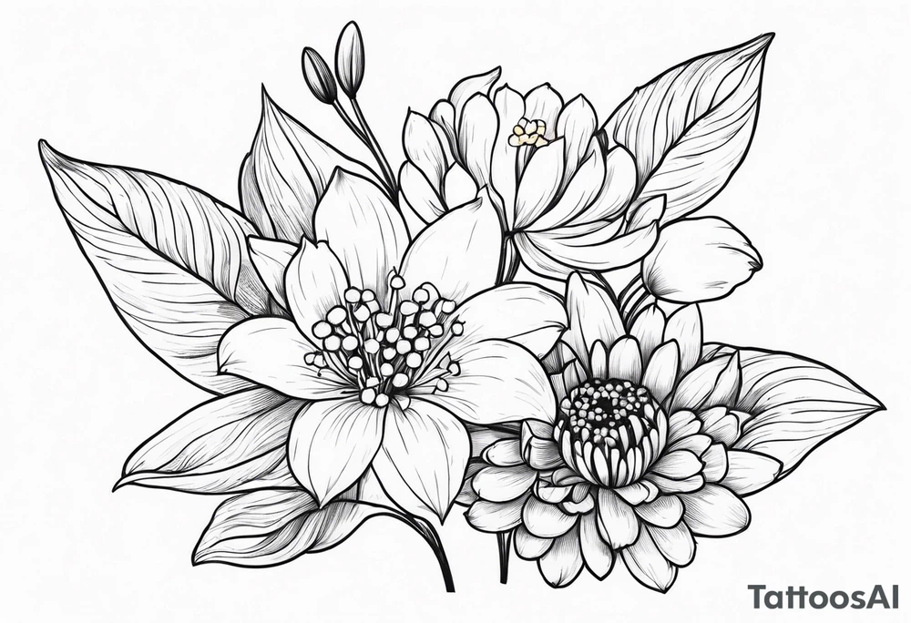 4 flowers. Lily of the valley. Marigold, chrysanthemum, and lily tattoo idea
