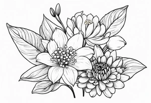 4 flowers. Lily of the valley. Marigold, chrysanthemum, and lily tattoo idea