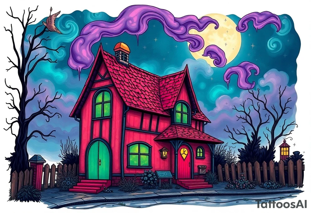 Tim Burton’s sleeping beautys cottage from outside view is the street abandoned and dripping with muted reds, dusty pinks, and eerie green glow purple and cyan smokey clouds swirl and dance in the moonlit night sky filled with twinkling stars  tattoo idea tattoo idea