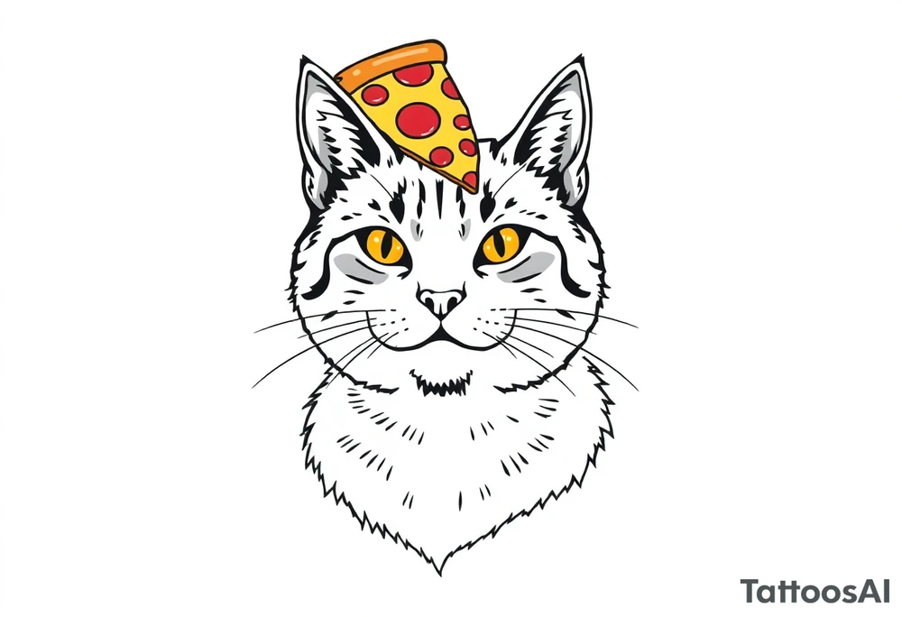 fat grey tabby cat portrait with pizza slice on its head tattoo idea