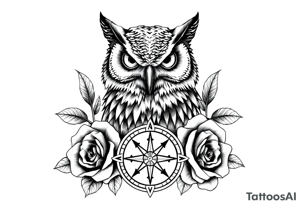 an owl,compass,roses, tattoo idea