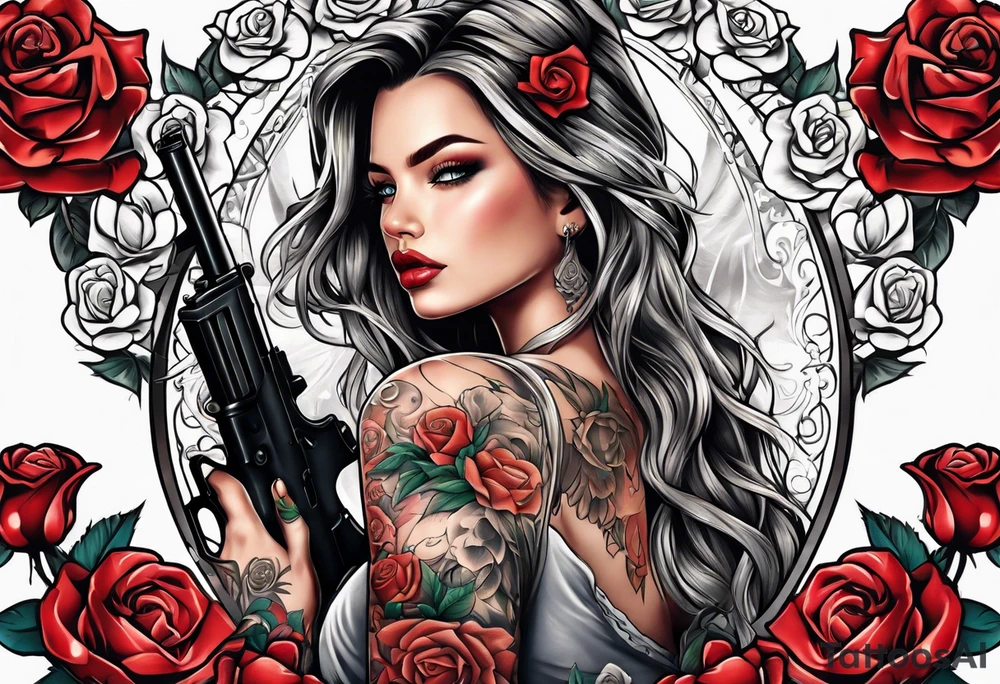 Beautiful angle with tattoos surrounded by roses holding a gun tattoo idea