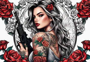 Beautiful angle with tattoos surrounded by roses holding a gun tattoo idea