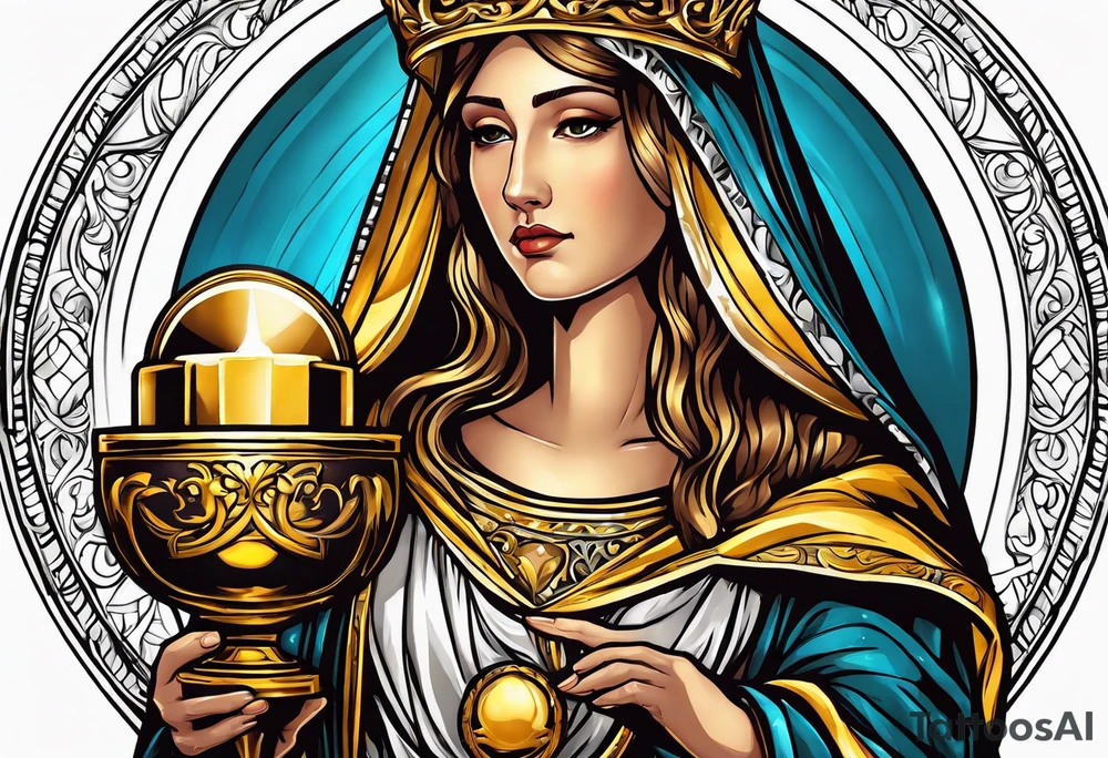 holy saint woman turned away with golden halo holding a chalice tattoo idea
