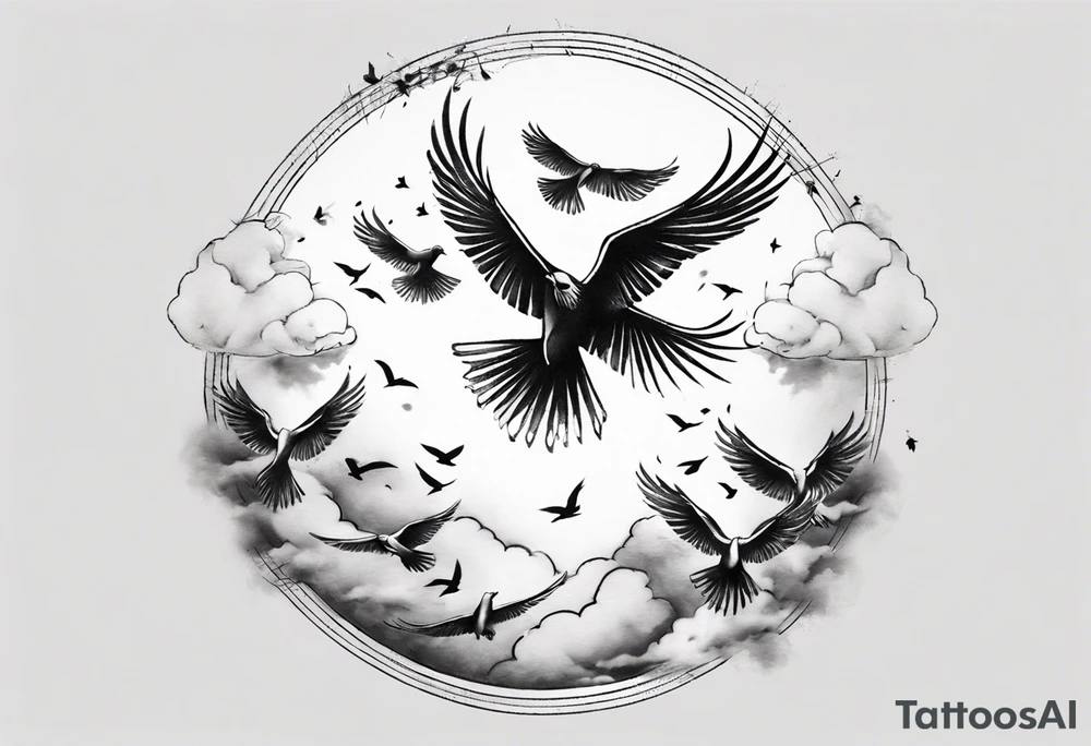 shoulder tattoo with light rays with birds flying free among the clouds, round shape tattoo idea