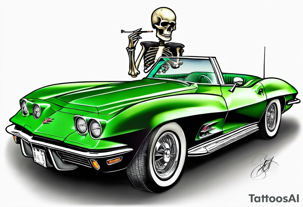 Skeleton smoking a cigarette driving a green 1976 convertible Corvette tattoo idea