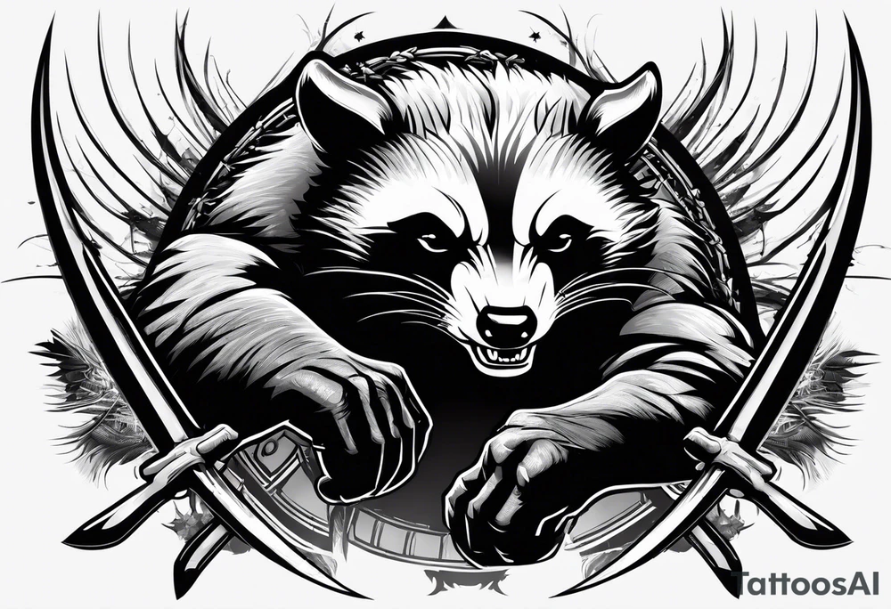 Draw me badger/wolverine with aggressive full body show, killer face with cute smile, very long nails and he attacks like a Turkish gladiator to enemy and also he has very deadly looking. The only weapon is his braveness. tattoo idea