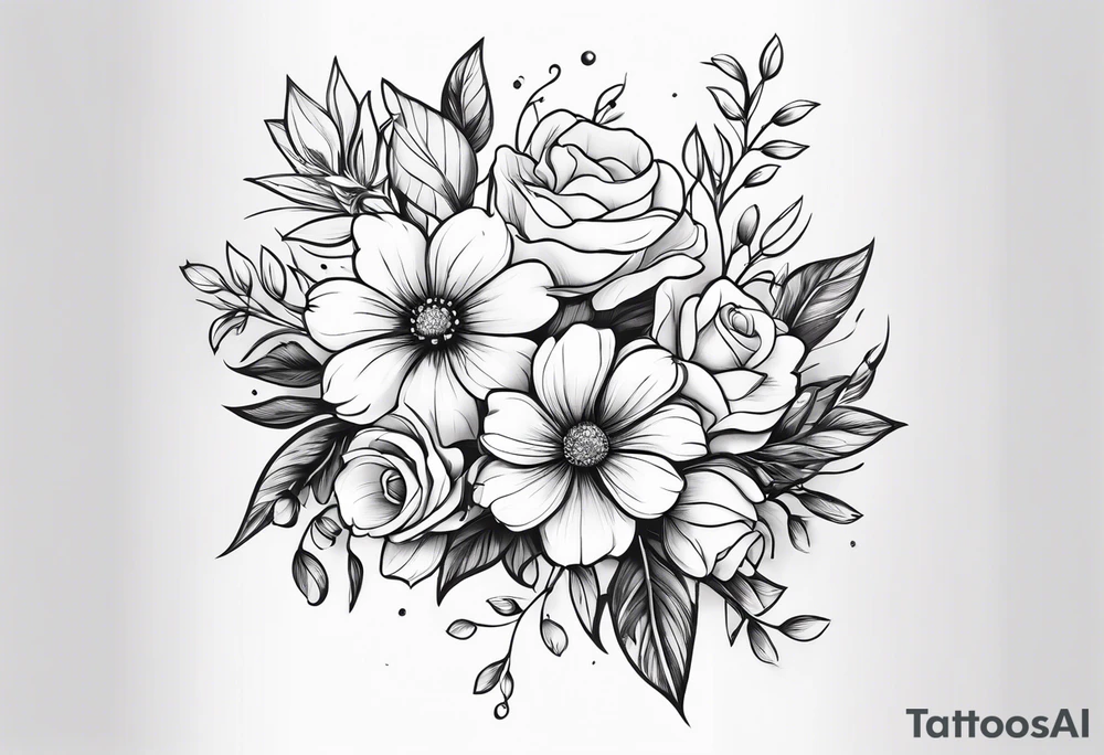 “Illustrate a small, elegant tattoo of a flower bouquet with clean lines and minimal shading, perfect for a feminine touch.” tattoo idea