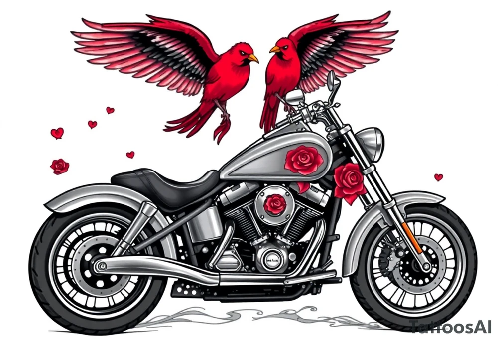 Harley grey motorcycle driving away, two red birds flying, roses, flames, angel wings tattoo idea