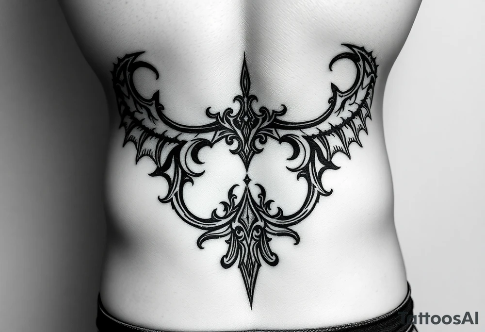 Each tribal piece for below the belly button on a male that runs from hip to center of the groin kind of Gothic eclectic just nice more manly and sexy tattoo idea