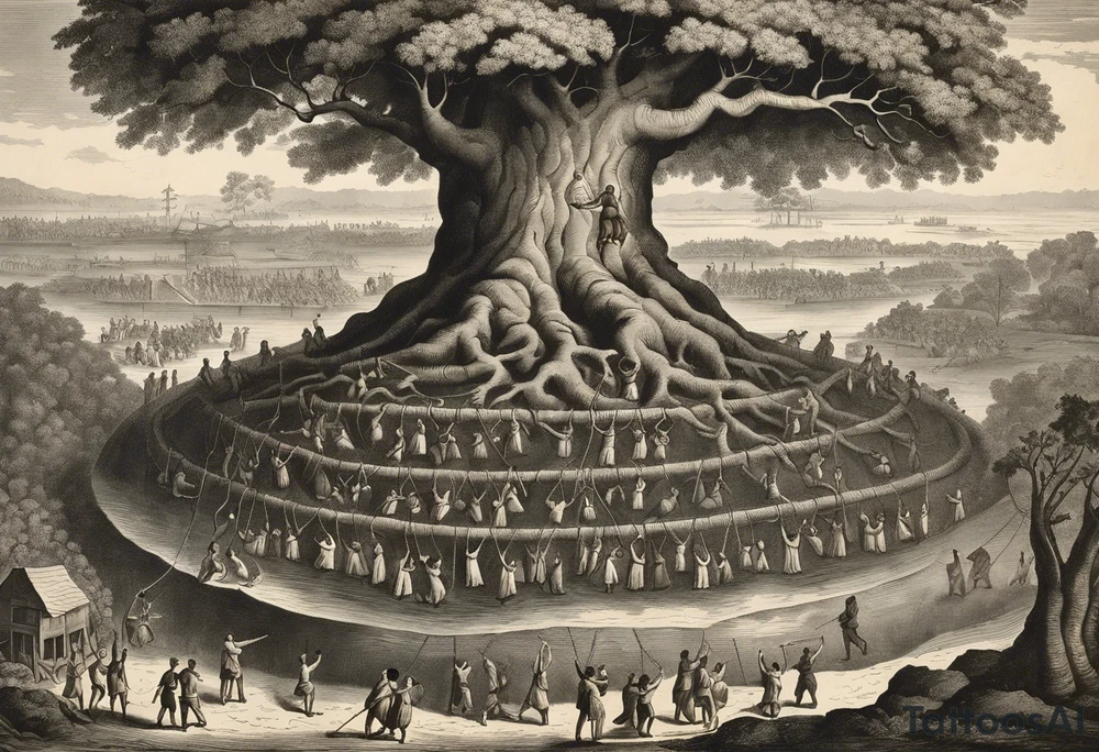 utopia picture of a tree at one level where above the surface is a group of people living in prosperity surrounding a tree. Below the surface the roots of the tree go down and turn into ropes and people are climbing these ropes to try and reach the above the surface. below the people climbing the ropes is hell, wih depicting of war slavery and death. going back to the top, above the tree is a perfection or heaven / nirvana. . include alchemical and occult symbols to depict this journey to enlightenment like religious or astrolligcal symblol. make it a full body tattoo stencil where the top of the tree would be at the chest and the ropes at the legs. tattoo idea