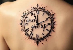The phrase "never give up" inside a broken clock face, time frozen at your turning point, in sepia tones. tattoo idea