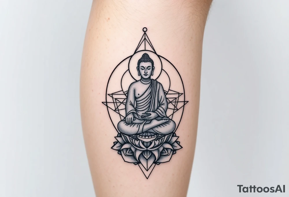 full leg tattoo with buddha above knee, using sacred geometry and space themes tattoo idea
