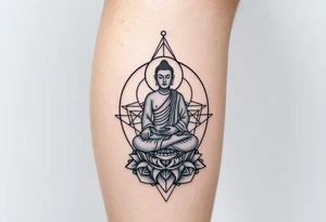 full leg tattoo with buddha above knee, using sacred geometry and space themes tattoo idea