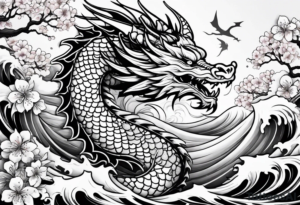 Majestic dragon in waves and cherry blossoms tattoo idea