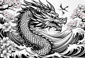 Majestic dragon in waves and cherry blossoms tattoo idea