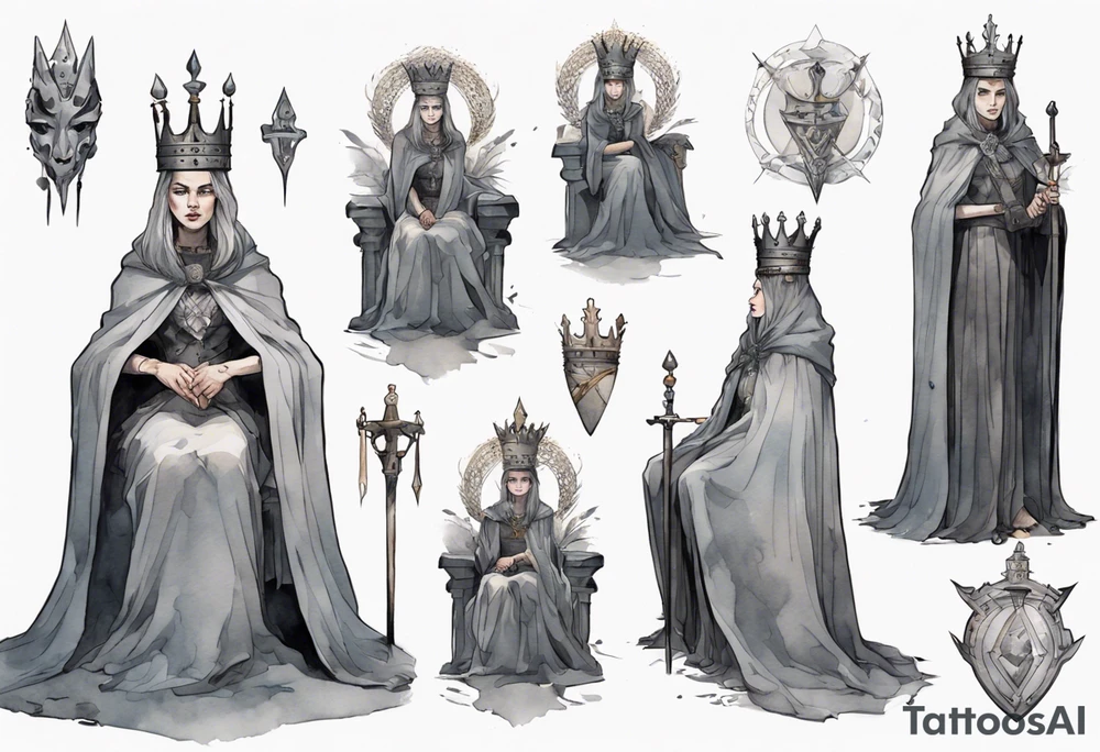 a Visigoth queen wearing a minimalist iron crown, wearing a grey cloak, sitting on a simple stone throne tattoo idea