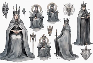 a Visigoth queen wearing a minimalist iron crown, wearing a grey cloak, sitting on a simple stone throne tattoo idea