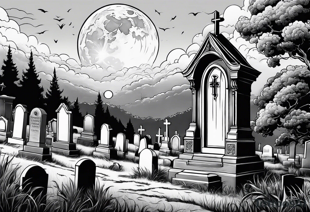 Cemetery on hills with smoke and moon tattoo idea