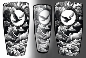 religious leg sleeve with nature, doves, clouds tattoo idea