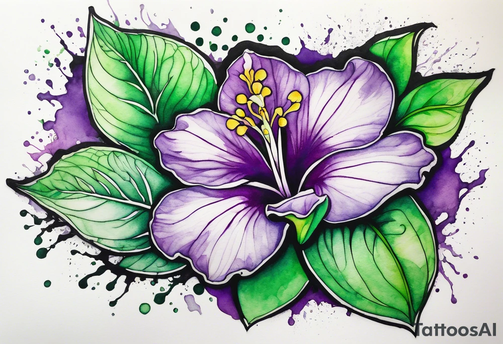 A mystical outline of a green and purple rio dipladenia flower and a green and purple watercolor splash in the background tattoo idea
