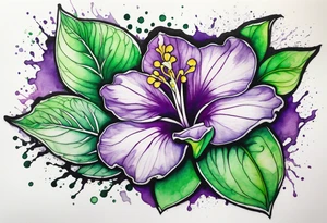 A mystical outline of a green and purple rio dipladenia flower and a green and purple watercolor splash in the background tattoo idea