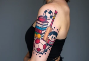 Childhood memories of a small pile of books, a bucket and spade, a football, a cricket bat, a cartoon of Dennis the Menace from the Beano comic, and the American Idiot symbol tattoo idea