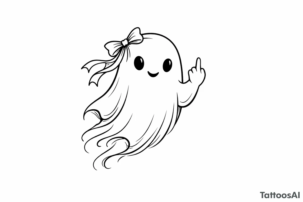 Playful ghost with a ribbon, middle finger raised, minimalist design. tattoo idea
