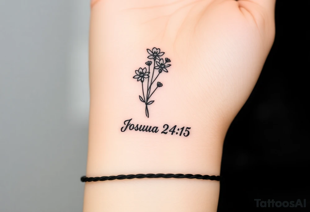 MINI BUNCH OF FLOWERS at the top, drawn in single-needle fine line

“Joshua 24:15” sits underneath in tiny, clean lettering

Vertical flow = elegant, feminine, and perfectly suited to the inner wrist

Overall height: ~5–7 cm (subtle, timeless, not heavy) tattoo idea