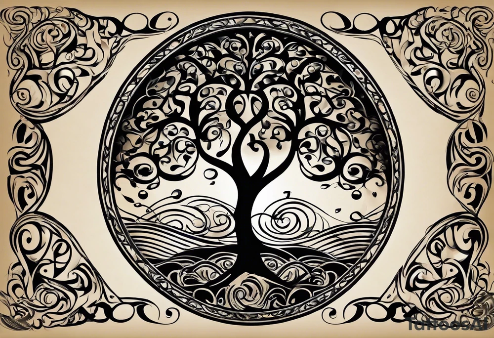 A tattoo design that incorporates the following elements: an abstract tree of life that has roots emerging  from the ground. Waves of water encapsulate the tree and wind around it in an organic way.  Incorporate music.   the letters U and A are overlapping and engraved into the tree. a golf ball incorporated but not prominent. tattoo idea