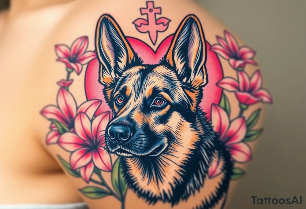 realistic german shepherd with alert ears looking protective surrounded by pink lilies with leaves in front of a sacred heart tattoo idea