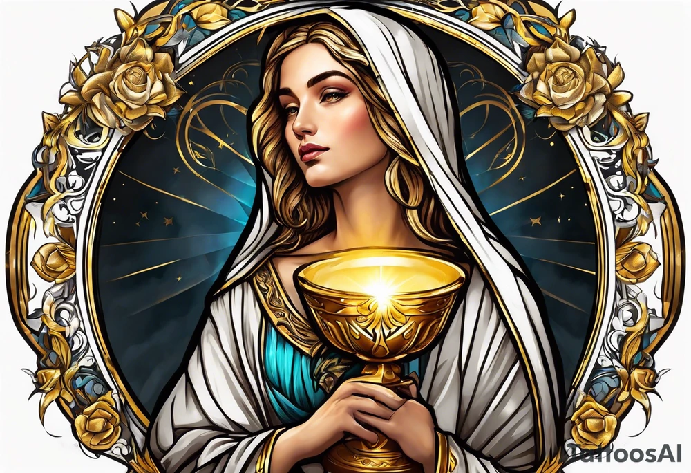 woman saint holding chalice surrounded by golden halo portrait tattoo idea