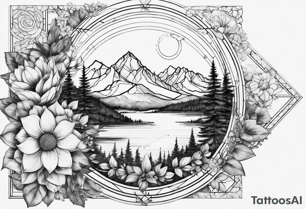 the Fibonacci Sequence. Based on the last image produced, replace the left side of the image with the Rocky Mountains that drops into a triangular point. Remove the floral theme tattoo idea