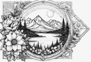 the Fibonacci Sequence. Based on the last image produced, replace the left side of the image with the Rocky Mountains that drops into a triangular point. Remove the floral theme tattoo idea