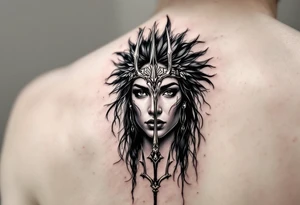 american indian woman face with black hair behind trident tattoo idea