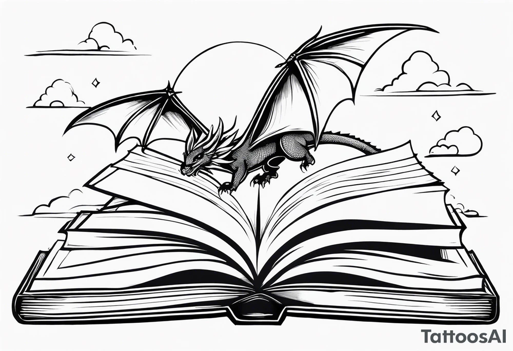 A large open book fluttering pages. a tiny dragon with four legs flying in the sky. three mountains coming out of the book tattoo idea