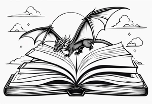 A large open book fluttering pages. a tiny dragon with four legs flying in the sky. three mountains coming out of the book tattoo idea
