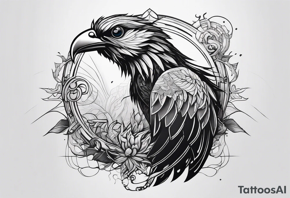 Minimalistic Cyberpunk Quetzal that has cybernetic neurons coming from the bottom. tattoo idea
