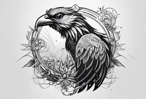 Minimalistic Cyberpunk Quetzal that has cybernetic neurons coming from the bottom. tattoo idea